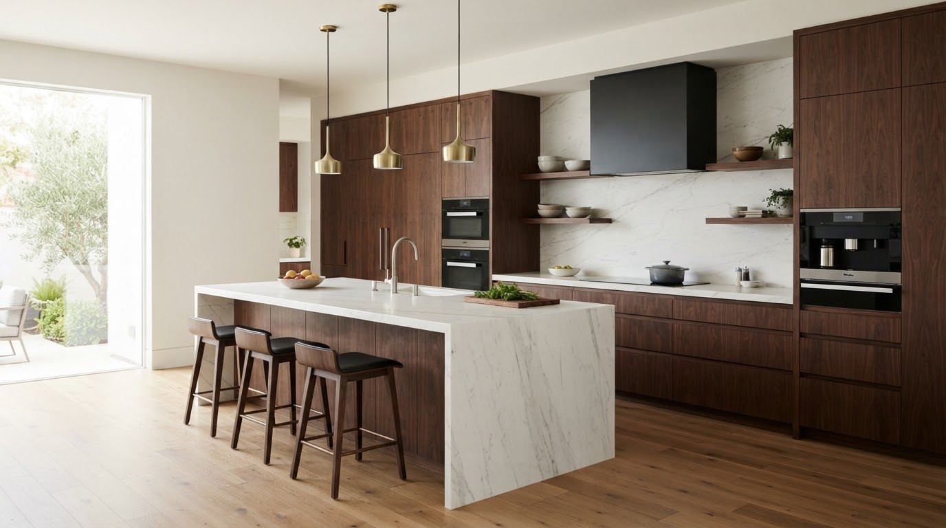 Cozinha contemporânea com ilha de mármore e frentes em madeira escura.