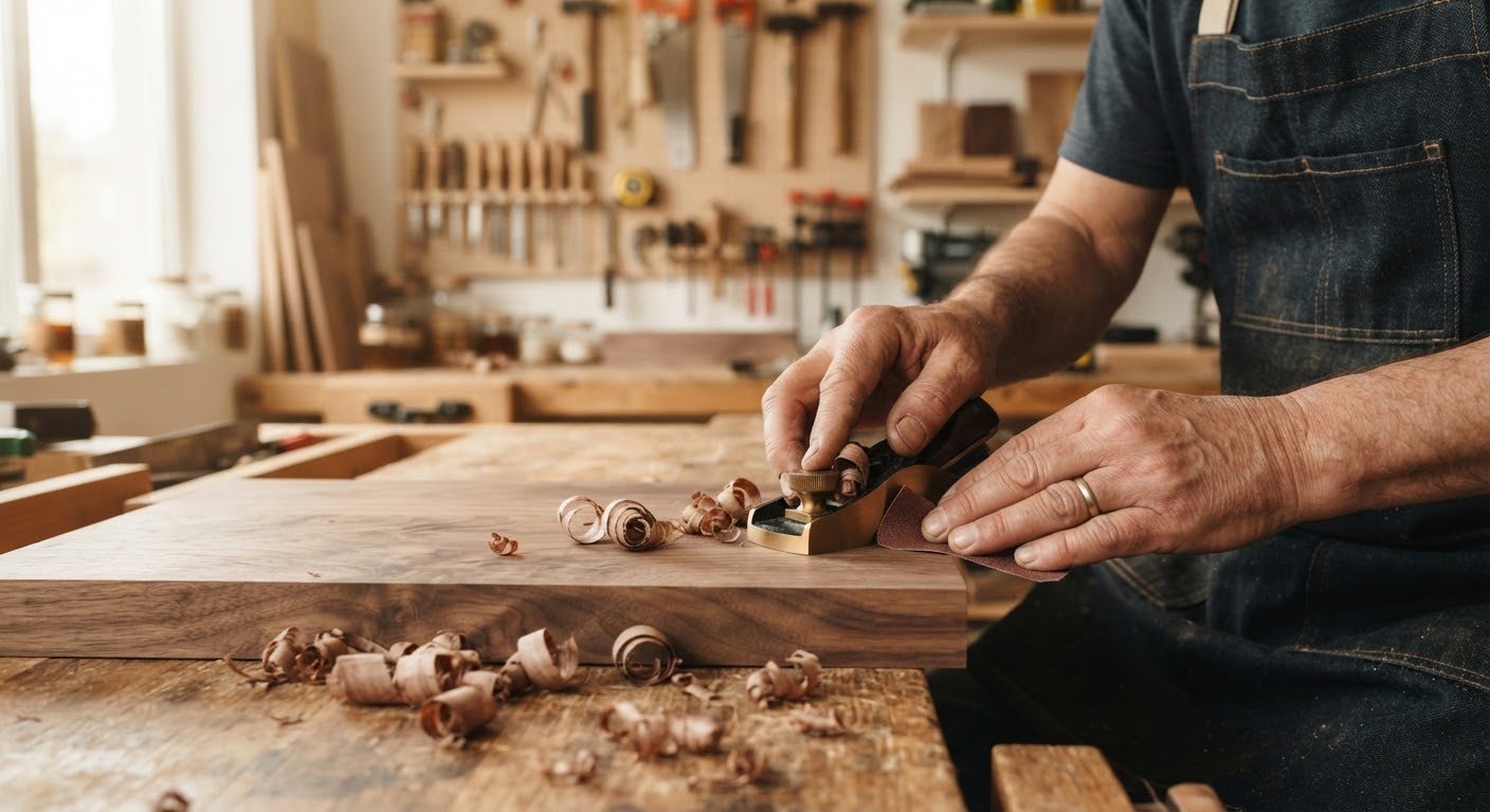 Mãos de um marceneiro a trabalhar uma tábua de madeira no atelier.
